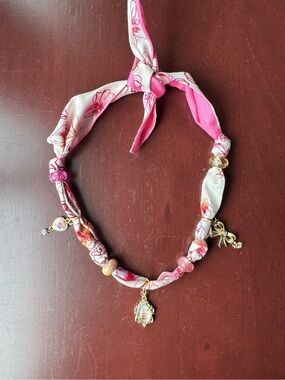 Coquette Yorkie Pink Floral Scarf Necklace with Bow Charms Vintage Style